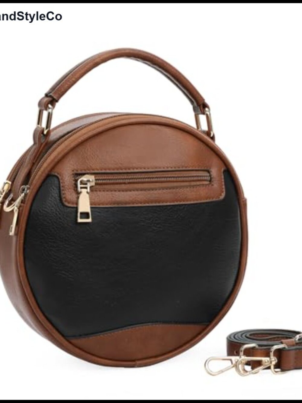 Faux Leather Round Crossbody Purse with Top Handle, Adjustable Strap, 6